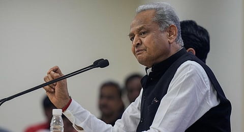 Senior Congress leader and Rajasthan Chief Minister Ashok Gehlot addresses the media at AICC Hq., in New Delhi.(Photo | PTI)