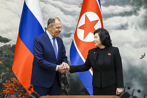 Russian Foreign Minister Sergey Lavrov (L), and North Korean Foreign Minister Choe Son Hui shake hands during their meeting in Pyongyang, on Thursday, Oct. 19, 2023. (Photo | AP)