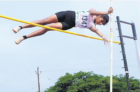 Jeena Basil, Mar Basil HSS, Kothamangalam, bagged gold in sub-junior girls pole vault at the state school sports meet held in Kunnamkulam on Wednesday