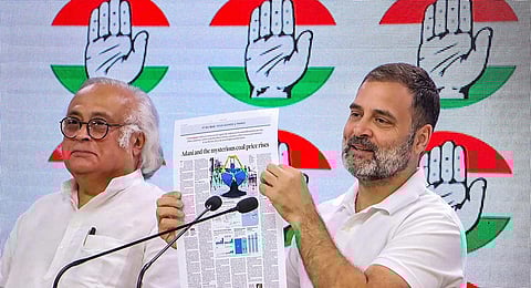 Congress leader Rahul Gandhi with party leader Jairam Ramesh addresses a press conference at the AICC Headquarters, in New Delhi, Wednesday, Oct. 18, 2023. (PTI)