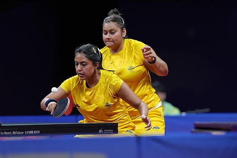 Indian women's table tennis team of Ayhika Mukherjee and Sutirtha Mukherjee.