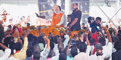 Prime Minister Narendra Modi during the Palamuru Praja Garjana public meeting at Bhoothpur in Mahbubnagar on Sunday. (Photo | Vinay Madapu)