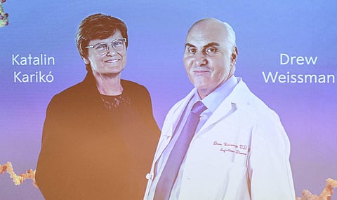 Hungarian-born scientist Katalin Kariko and her long time collaborator US physician-scientist Drew Weissman. (Photo | AFP)
