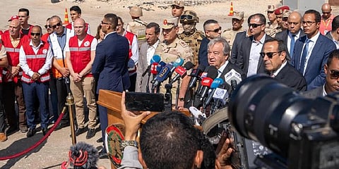 UN Secretary-General Antonio Guterres speaks at at press conference on the Egyptian side of the Rafah crossing on the border with the Gaza Stirp (Photo | AFP)