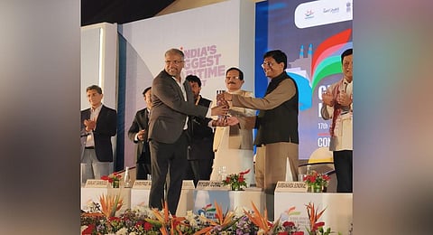 Kochi Water Metro chief operating officer Sajan P John receiving the award from Union Ministers Piyush Goyal and Shripad Y Naik at the Global Maritime India Summit in Mumbai. (Photo | Express)