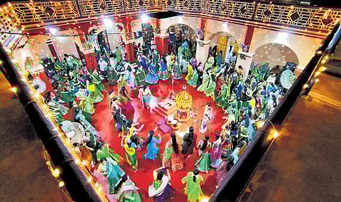 Members of Gujarati community perform garba dance at Samudri Mata temple in Mattancherry