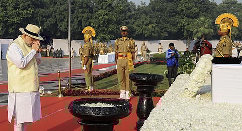 Union Home Minister Amit Shah pays tribute at the National Police Memorial on Police Commemoration Day, in New Delhi, Saturday, Oct. 21, 2023. (PTI Photo)