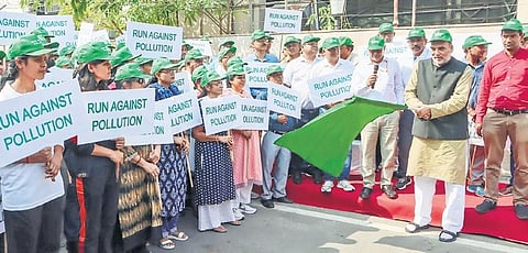 Minister Gopal Rai flags off the ‘Run Against Pollution’ on Friday | PTI