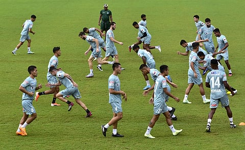 Kerala Blasters FC players are taking part in practice sessions at the Sports Academy Ground Panampilly Nagar ahead of the 2nd ISL match against Jamshedpur FC on Saturday. (Photo | Express)
