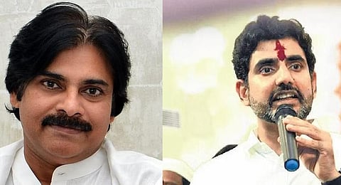 Jana Sena Party chief Pawan Kalyan (L) and TDP general secretary Nara Lokesh