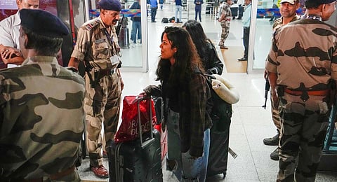 Indian nationals evacuated from Israel under Operation Ajay arrive at Indira Gandhi International airport, in New Delhi, Oct 14, 2023. (PTI Photo)