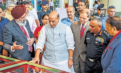 Defence Minister Rajnath Singh and Army Chief General Manoj Pande during the inauguration of the Indian Military Heritage Festival in New Delhi on Saturday | PTI