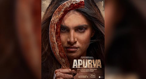 First look poster of the upcoming thriller film, 'Apurva', starring Tara Sutaria, which will arrive on Disney+ Hotstar on November 15. (Photo | Tara Sutaria Instagram)