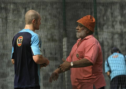 FILE - Australian spinner Jason Krejza, left, talks to Bishen Singh Bedi during a practice session in New Delhi on Oct 26, 2008. (Photo | AP)