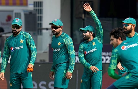 Pakistan players during a practice session ahead of the ICC Men's Cricket World Cup 2023 match between Pakistan and Afghanistan, at MA Chidambaram Stadium, in Chennai. (Photo | PTI)