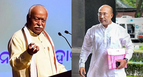 A collage of RSS Chief Mohan Bhagwat (L) and Manipur CM N Biren Singh, used for representational purposes only. (Photo | PTI)