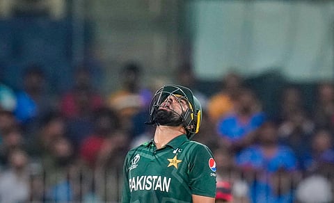 Pakistan's Iftikhar Ahmed reacts after being dismissed during the ICC Men's Cricket World Cup 2023 match between Pakistan and Afghanistan on October 24, 2023. (Photo | PTI)