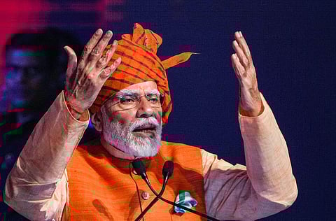 Prime Minister Narendra Modi addresses a gathering during the Dussehra celebrations, at Dwarka in New Delhi, Tuesday, Oct. 24, 2023. (Photo | PTI)