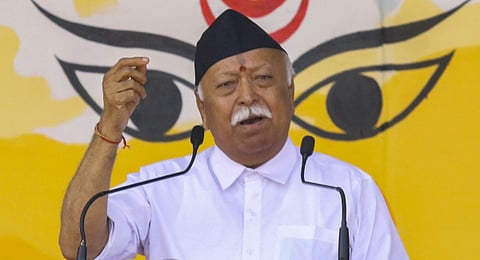 Rashtriya Swayamsevak Sangh (RSS) chief Mohan Bhagwat addresses during the RSS 'Vijayadashami Utsav', in Nagpur, Maharashtra, Tuesday, Oct. 24, 2023. (PTI)