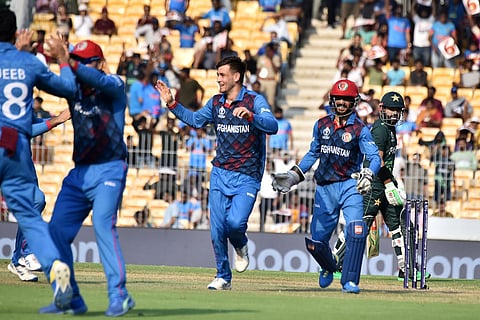 Afghanistan players celebrate a wicket over Pakistan during the ICC World Cup match at MA Chidambaram stadium in Chennai. (Photo | P Ravikumar, EPS)