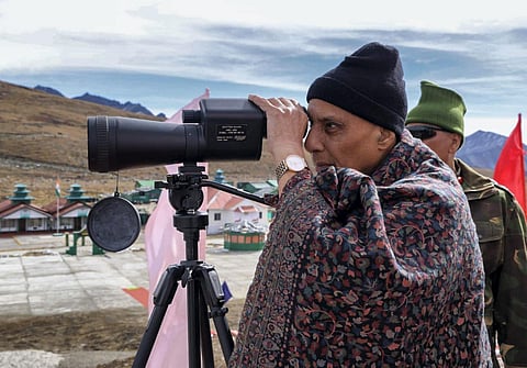 Defence Minister Rajnath Singh during a visit at Bum La, in Tawang district, Arunachal Pradesh, on Oct 24, 2023. (PTI)