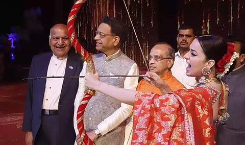 Ranaut set the effigy of the demon king ablaze by shooting an arrow and chanted 'Jai Shri Ram'. (Photo | Instagram)