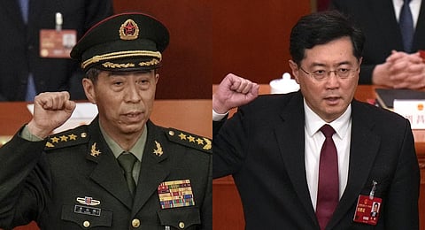 A collage of former Chinese Defense Minister Gen. Li Shangfu (L) and former Foreign Minister Qin Gang, used for representational purposes only. (Photo | AP)