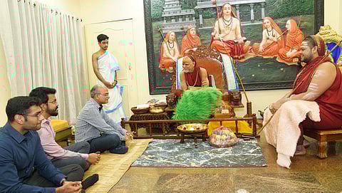 Chief secretary KS Jawahar Reddy with Swamy Sri Swaroopanandendra Saraswati at Sri Sarada Peetham at Chinamushidiwada in Visakhapatnam on Tuesday | Express