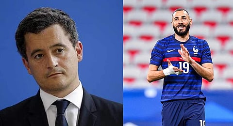 French Interior Minister Gerald Darmanin (L) and France forward Karim Benzema