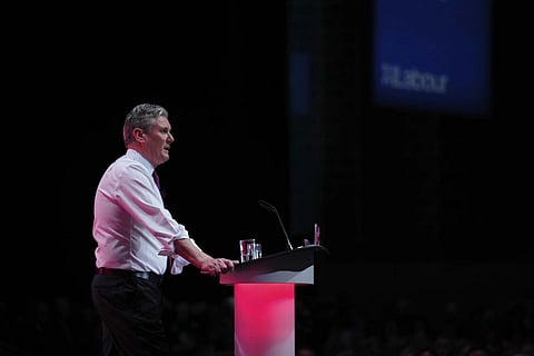 Keir Starmer delivers his keynote speech at the Labour Party conference in Liverpool, England, Tuesday, Oct 10, 2023. (Photo | AP)