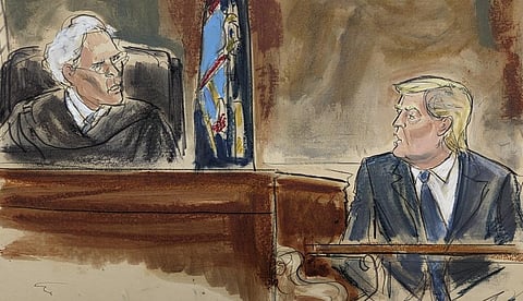 In this courtroom sketch, Judge Arthur Engoron questions former US President Donald Trump on the witness stand in New York Supreme Court, Oct. 25, 2023, in New York. (Photo | AP)