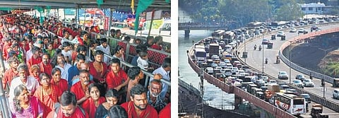 (L) Bhavani devotees at Indrakeeladri to have darshan of Goddess Durga; Commuters stuck in traffic jam over flyover near Durga temple in Vijayawada. (Photo I Prasant Madugula, EPS)