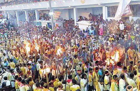 People participating in the traditional Banni Stick Fight at Devaragattu temple in Kurnool district on Tuesday midnight | Express
