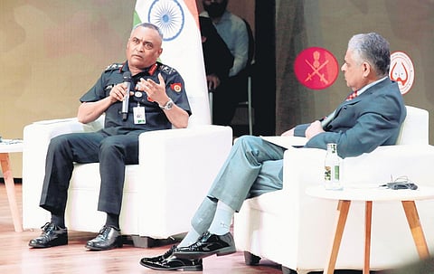 Gen Manoj Pande and Lt Gen Raj Shukla (Retd) at the Chanakya Dialogue curtain raiser at Dr Ambedkar International Centre in New Delhi on Thursday. (Photo | EPS)