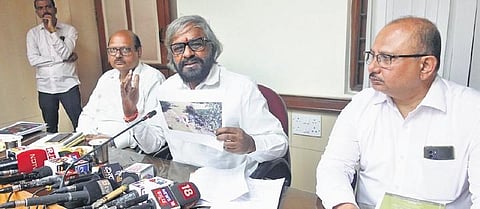 Forest Minister Eshwar Khandre addresses the media in Bengaluru on Thursday. PCCF Brijesh Kumar Dikshit (left) and Subhash Malkhade look on | EXPRESS