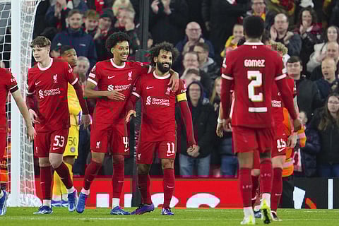 Liverpool's Mohamed Salah, centre, celebrates after scoring his side's fifth goal during the Europa League Group E soccer match between Liverpool and Toulouse on Oct. 26, 2023. (Photo | AP)
