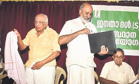 Electricity Minister K Krishnankutty, JD(S) state president and MLA Mathew T Thomas, and party leader Neelalohithadasan Nadar during the press meet in Kochi on Friday. (Photo| A Sanesh, EPS)