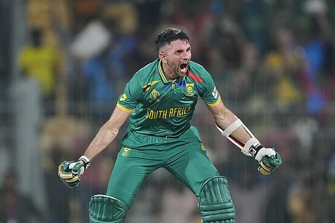 South Africa's Keshav Maharaj celebrates after hitting the winning runs during the World Cup match against Pakistan in Chennai (Photo | AP)