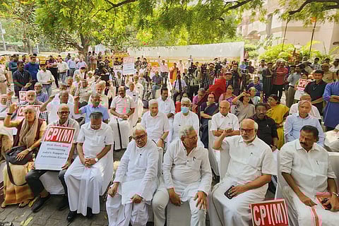 Polit Bureau and CC members of the CPI(M) sat in protest calling for an end to Israel's attack on Gaza. (Twitter)