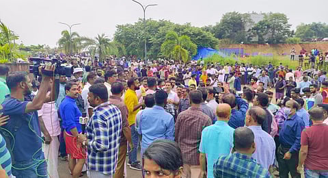People gathered at Zamara International, a convention centre, in Kalamassery, Kerala, which witnessed serial blasts, on Sunday morning. (Photo |A Sanesh, EPS)