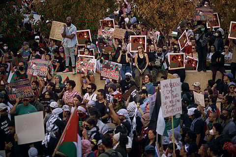 Protesters gather during a pro-Palestinian demonstration demanding a cease fire, Saturday, Oct. 28, 2023, in New York. (Photo | AP)