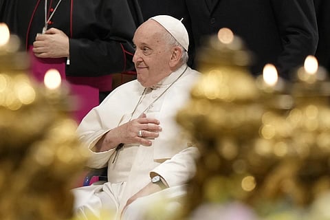 Pope Francis arrives for leading a prayer for peace inside St. Peter's Basilica, at the Vatican,  Friday, Oct 27, 2023. (Photo | AP)