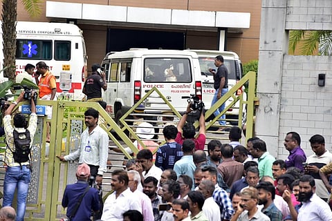 People gathered at Zamara International, a convention centre, in Kalamassery, Kerala, which witnessed serial blasts, on Sunday morning. (Photo |A Sanesh, EPS)