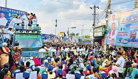 The ruling YSRC’s ‘Samajika Sadhikara’ bus yatra reached Kadapa on Saturday. The campaign was simultaneously held at Bheemili and Bapatla | Express