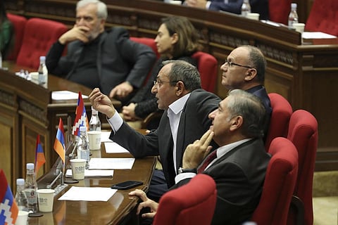 Armenian lawmakers attend the session of the National Assembly of the Republic of Armenia in Yerevan, Armenia, Tuesday, Oct. 3, 2023. (Photo | AP)
