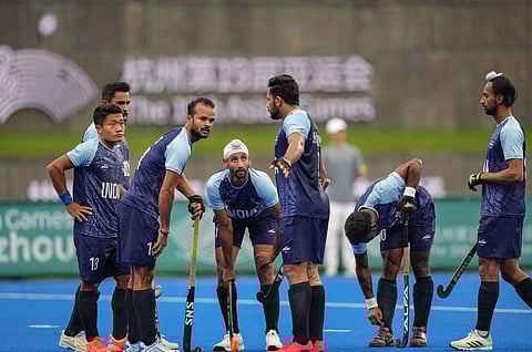 Indian captain Harmanpreet Singh with teammates during the hockey match against Bangladesh at the 19th Asian Games, in Hangzhou, China, Monday, Oct. 2, 2023. (Photo/ PTI)
