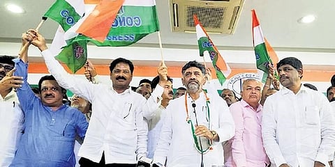 Former Channapatna MLA and JDS leader MC Aswath and other JDS leaders join the Congress in the presence of KPCC chief DK Shivakumar, in Bengaluru on Monday