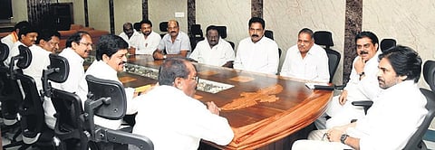 Jana Sena Party chief Pawan Kalyan holds a meeting with Telugu Desam Party leaders in Machilipatnam on Monday | Express