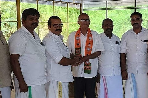 Fr Kuriakose Mattam received the primary membership of the BJP from the party's Idukki district president K S Aji on Monday. (Photo |  KS Aji, Facebook)