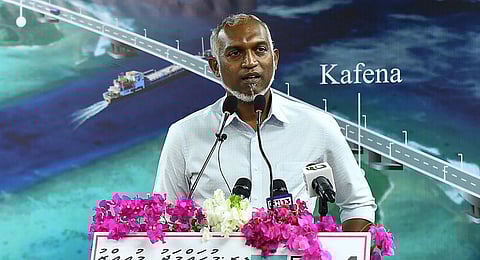 Mohamed Muizzu speaks during an election campaign rally in Thinadhoo on September 26, 2023, ahead of the second round of the Maldives' presidential election. (Photo | AFP)
